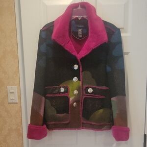 Vintage Custo Barcelona multi-coloured wool jacket with pink faux fur trim.